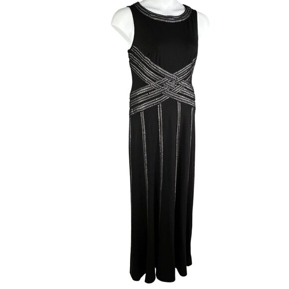 Tadashi Shoji Women M Tall Black Evening Gown Silver Beaded Elegant Jersey Dress - Picture 4 of 16